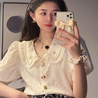 Puff-sleeve Faux Pearl Lace Blouse Almond - One Size