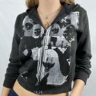 Long-sleeve Hooded Print Cropped Jacket