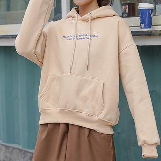 Long-sleeve Hooded Lettering Loose-fit Top Light Khaki - One Size