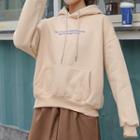Long-sleeve Hooded Lettering Loose-fit Top Light Khaki - One Size
