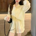 Set: Long-sleeve Blouse + Shorts / Sleeveless Top