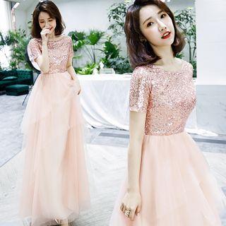 Short Sleeve Sequined Panel Mesh Evening Gown