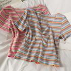 Striped Ruched V-neck T-shirt