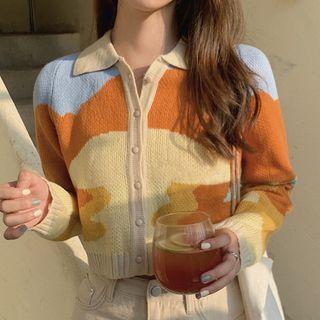 Collared Color Block Cropped Knit Cardigan As Shown In Figure - One Size
