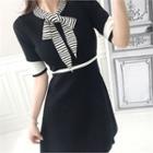 Elbow-sleeve Striped Tie-neck Contrast-trim A-line Dress