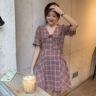 Frilled Trim Collar Plaid A-line Dress