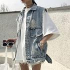 Ripped Denim Button Vest As Shown In Figure - One Size