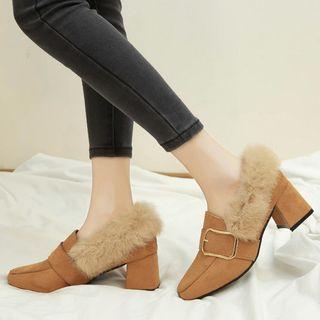 Suede Fluffy Trim Block Heel Pumps