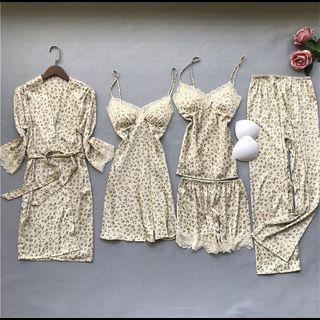 Loungewear Set : Lace Trim Leopard Print Suspender Sleep Dress + Camisole Top + Shorts + Pants + Robe