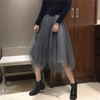 Plain Long-sleeve Cropped Sweater / Mesh Skirt