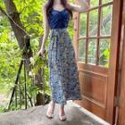 Set: Sleeveless Shirred Top + Floral Long Wrap Skirt Blue - One Size