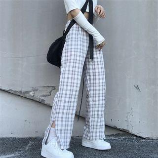 Slit Check Wide-leg Pants