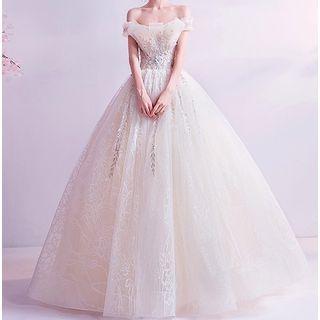 Short-sleeve Off-shoulder Floral Sequined A-line Wedding Gown
