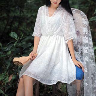 Crochet Trim Elbow-sleeve A-line Dress