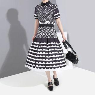 Short-sleeve Pattern Panel Midi A-line Shirtdress Black - One Size