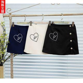 Heart Embroidered Buttoned A-line Skirt