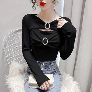 Long-sleeve Mock Two-piece Rhinestone T-shirt
