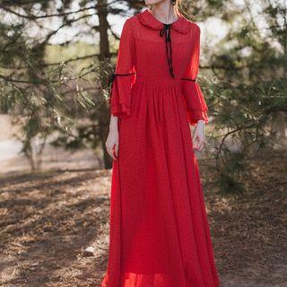 Dotted 3/4-sleeve Maxi A-line Dress