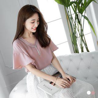 Rhinestones V-neck Chiffon Blouse