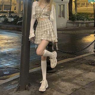 Plaid Cropped Camisole Top / Mini Skirt / Cardigan