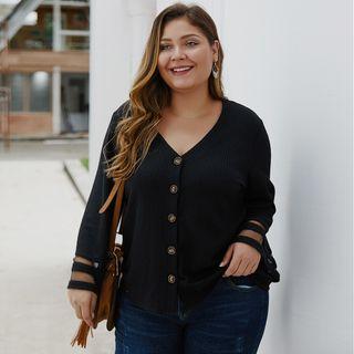 Plus Size Mesh Panel Bell-sleeve Knit Top