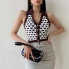 Halter-neck Heart Print Collared Knit Top