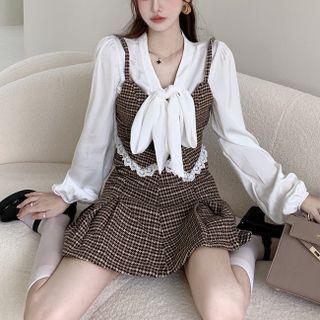 Bow-neck Blouse / Plaid Cropped Camisole Top / Mini A-line Skirt