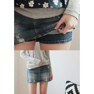 Inset Shorts Distressed Denim Mini Skirt