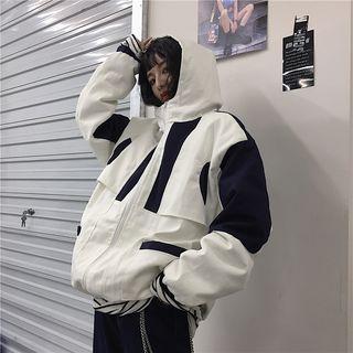 Couple Matching Hooded Two-tone Zip Jacket