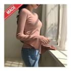 Round-neck Bell-sleeve Ribbed Top