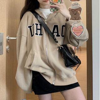 Lettering Zip Hoodie Khaki - One Size