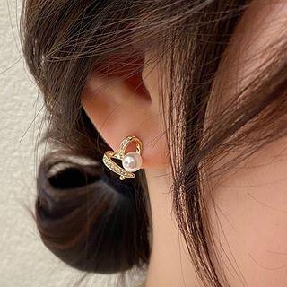 Heart Faux Pearl Earring 1 Pair - Silver Needle - Gold - One Size
