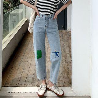 Mid Rise Print Straight Leg Jeans