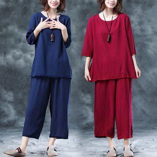 Set: Plain 3/4-sleeve Top + Wide Leg Pants