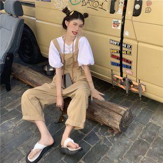 Plain Puff-sleeve Top / Drawstring Wide-leg Jumper Pants
