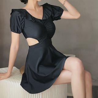 Short-sleeve Ruffle Trim Cutout Swimdress