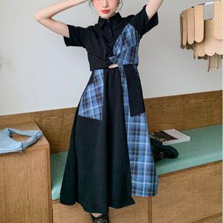Asymmetrical Plaid Panel Midi A-line Dress