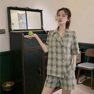 Set: Double-breasted Checked Top + Flat-front Shorts Green - One Size