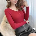Half-button V-neck Long-sleeve Knit Top
