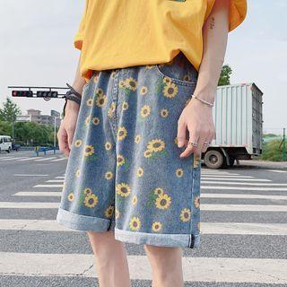 Flower Print Denim Straight-cut Shorts