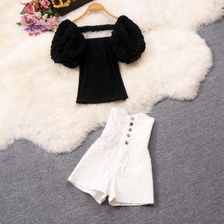 Set: Puff-sleeve Top + High-waist Shorts