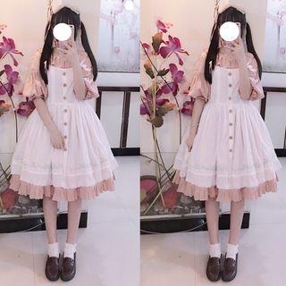 Ruffle Trim Short-sleeve Dress / Ruffle Hem Pinafore Dress