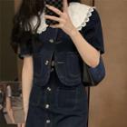 Short-sleeve Contrast Collar Denim Jacket / Mini A-line Skirt / Set