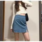 Long-sleeve Plain Knit Cardigan / Denim Mini Skirt