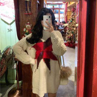 Star Print Mini Sweater Dress Almond - One Size