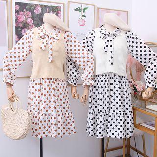 Set: Ribbon-neckline Dotted Shirtdress + Knit Vest