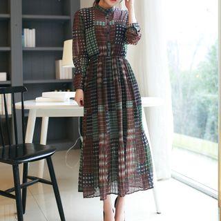 Long-sleeve Patterned Chiffon Maxi Dress
