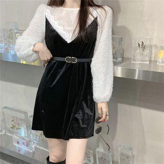 Lace Panel Velvet A-line Dress Black - One Size