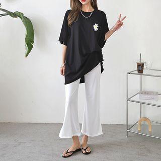Drop-shoulder Flower Printed T-shirt
