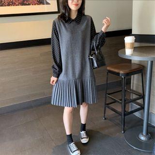 Mock Two-piece Long-sleeve Accordion Pleat Mini A-line Dress